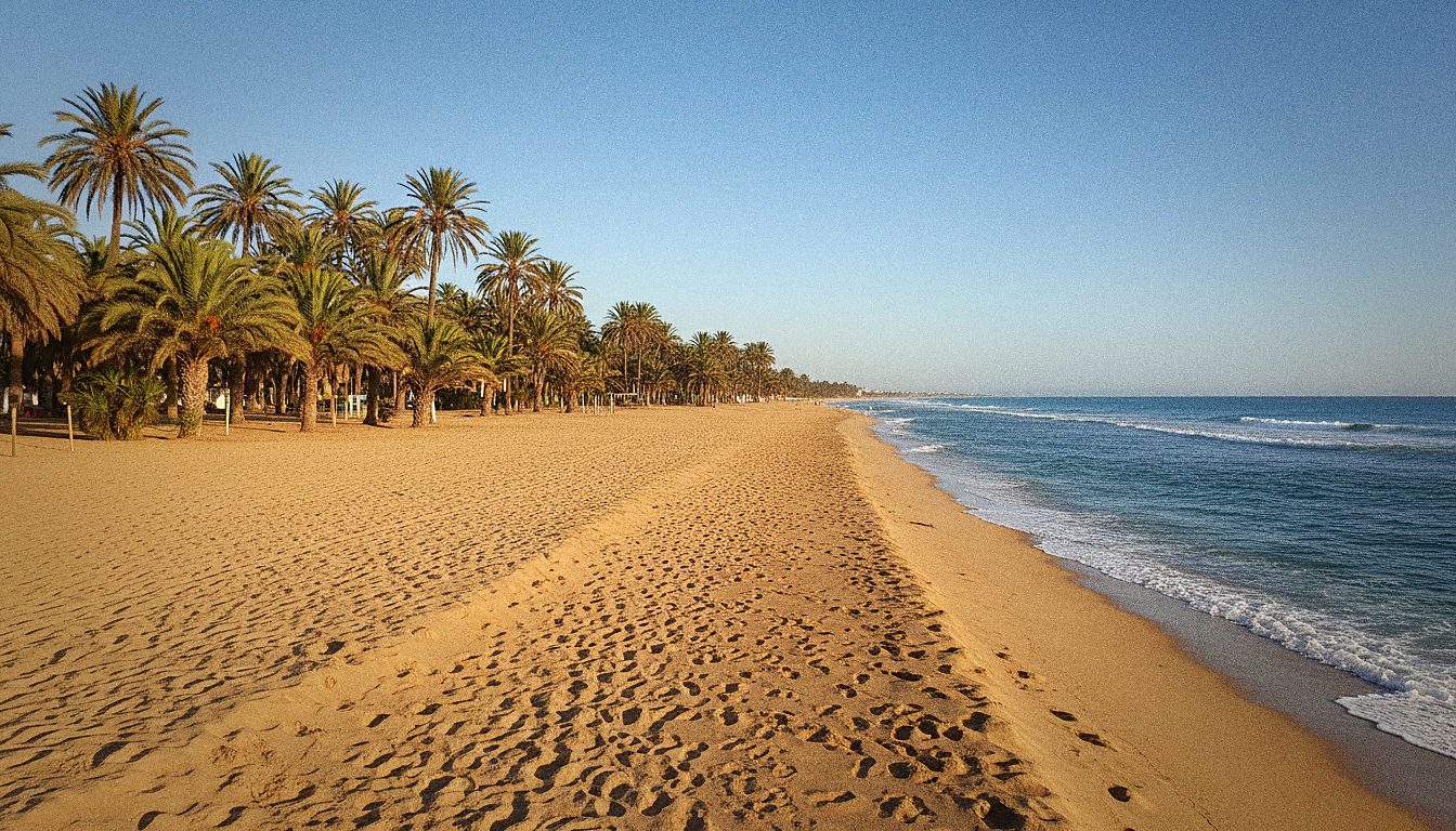 La plage d'Agadir au Maroc avec des palmiers et l'océan Atlantique