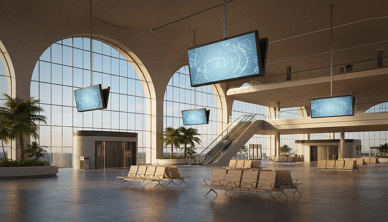 Le hall d'arrivée d'un aéroport avec des panneaux d'information et des voyageurs