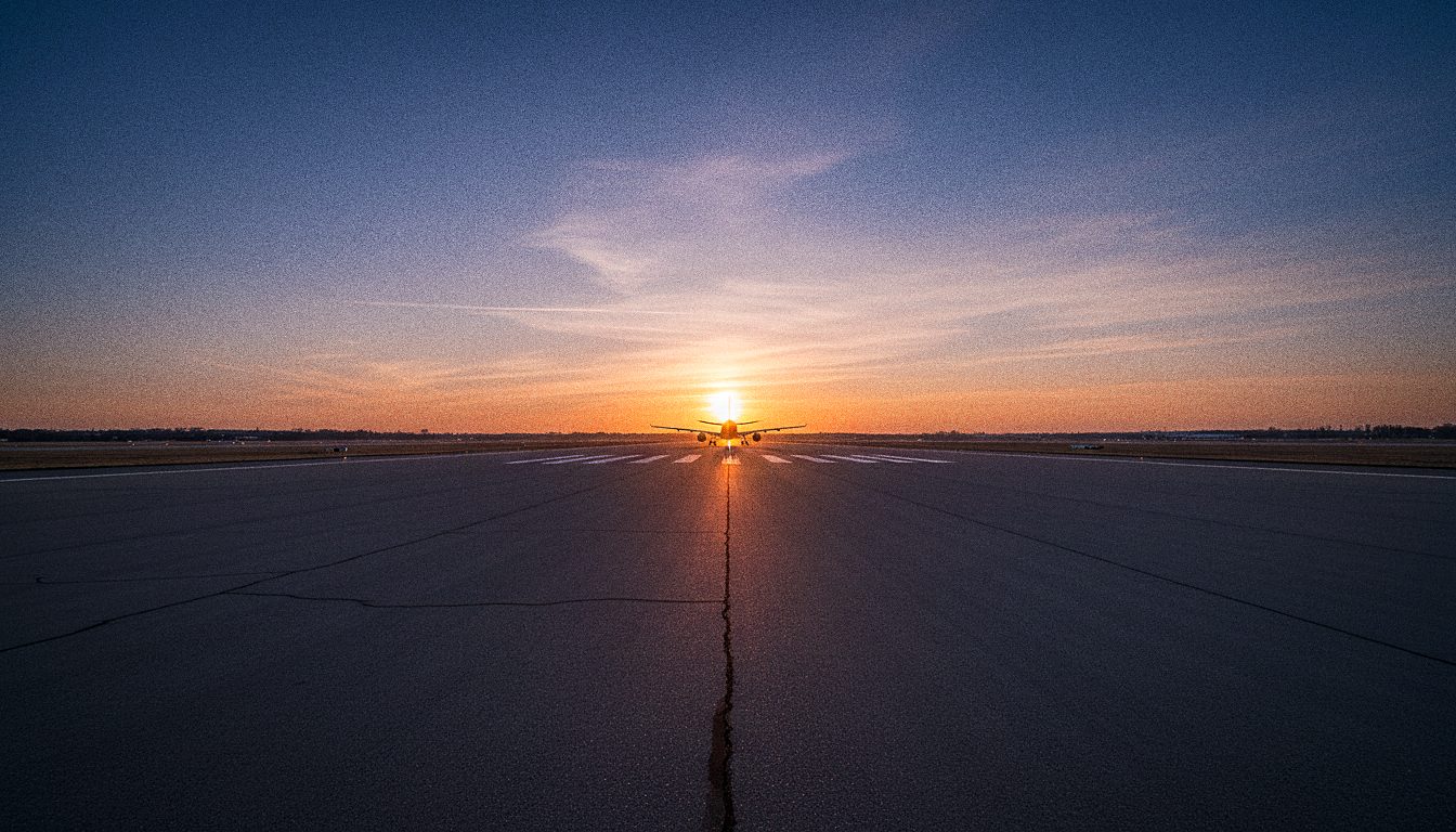 Une piste d'aéroport au coucher du soleil avec un avion au loin