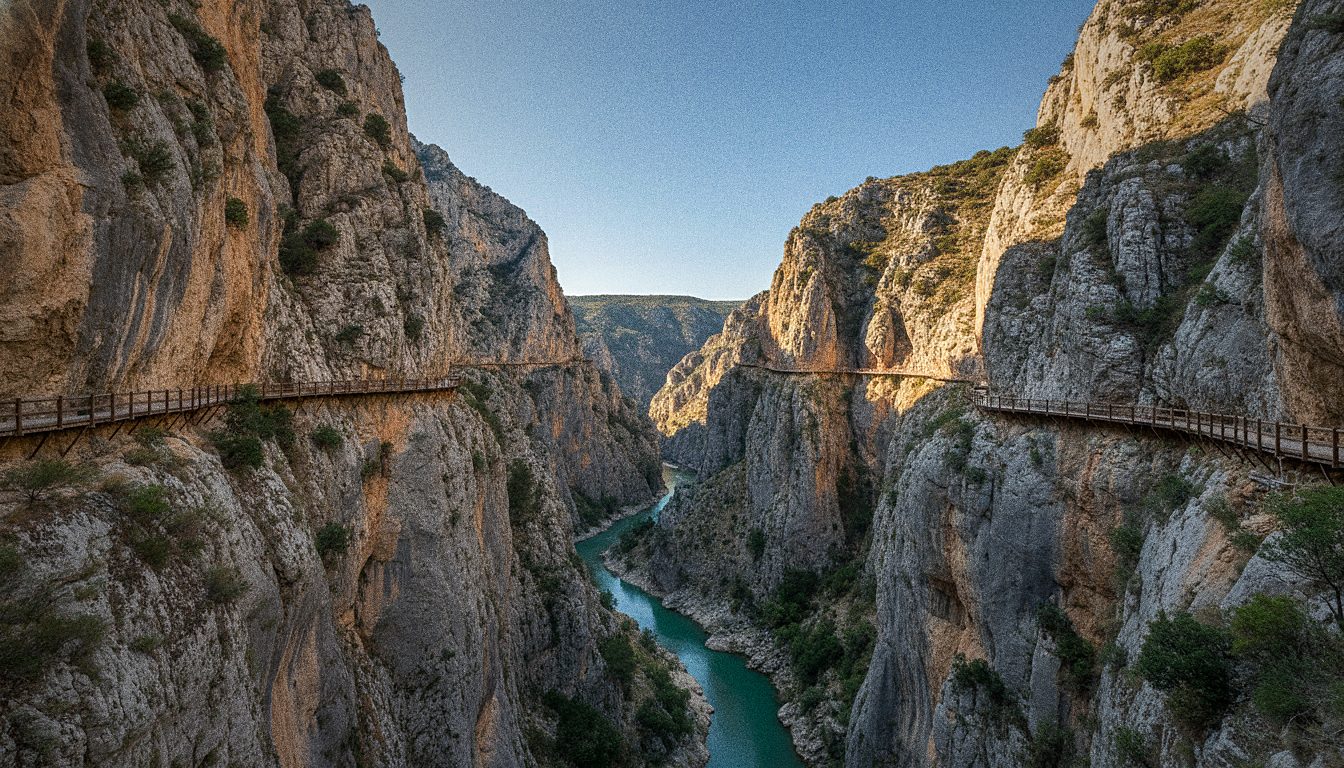 Une passerelle de bois accrochée à une paroi de calcaire au-dessus d'une rivière turquoise, sans personne