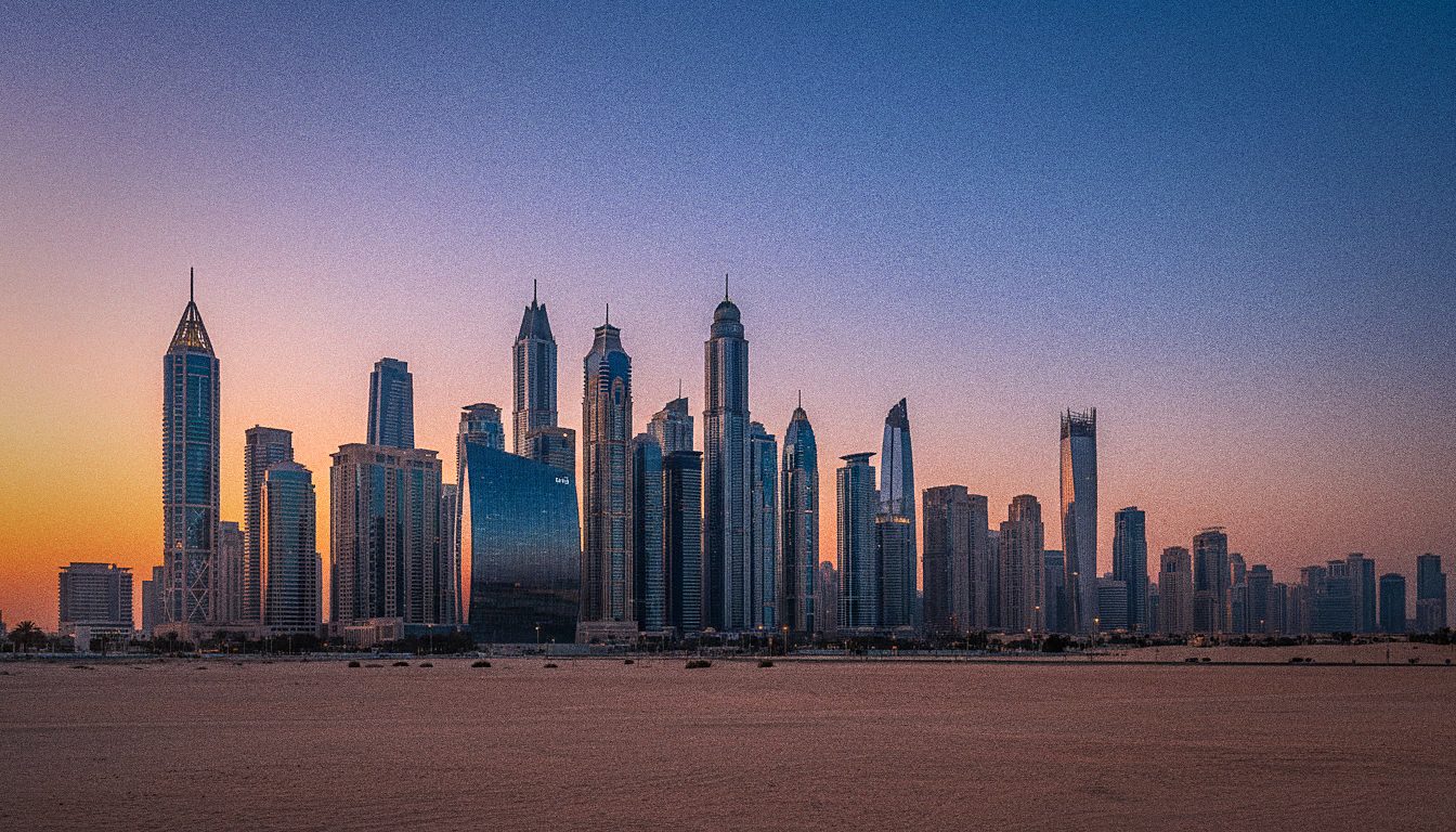 Les gratte-ciel de Dubaï se détachant sur un ciel désertique au coucher du soleil