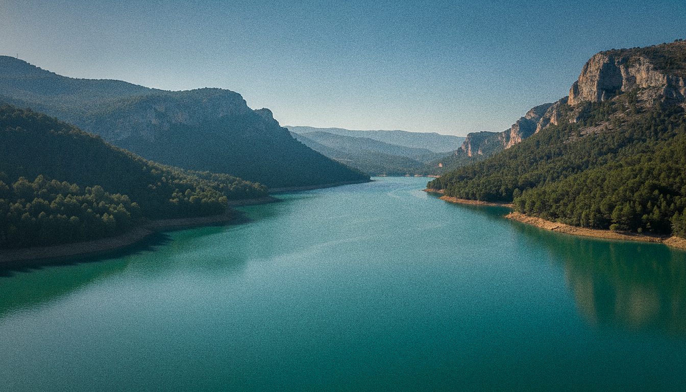 Un lac de barrage turquoise entre des collines de pins et de calcaire en Andalousie, sans personne
