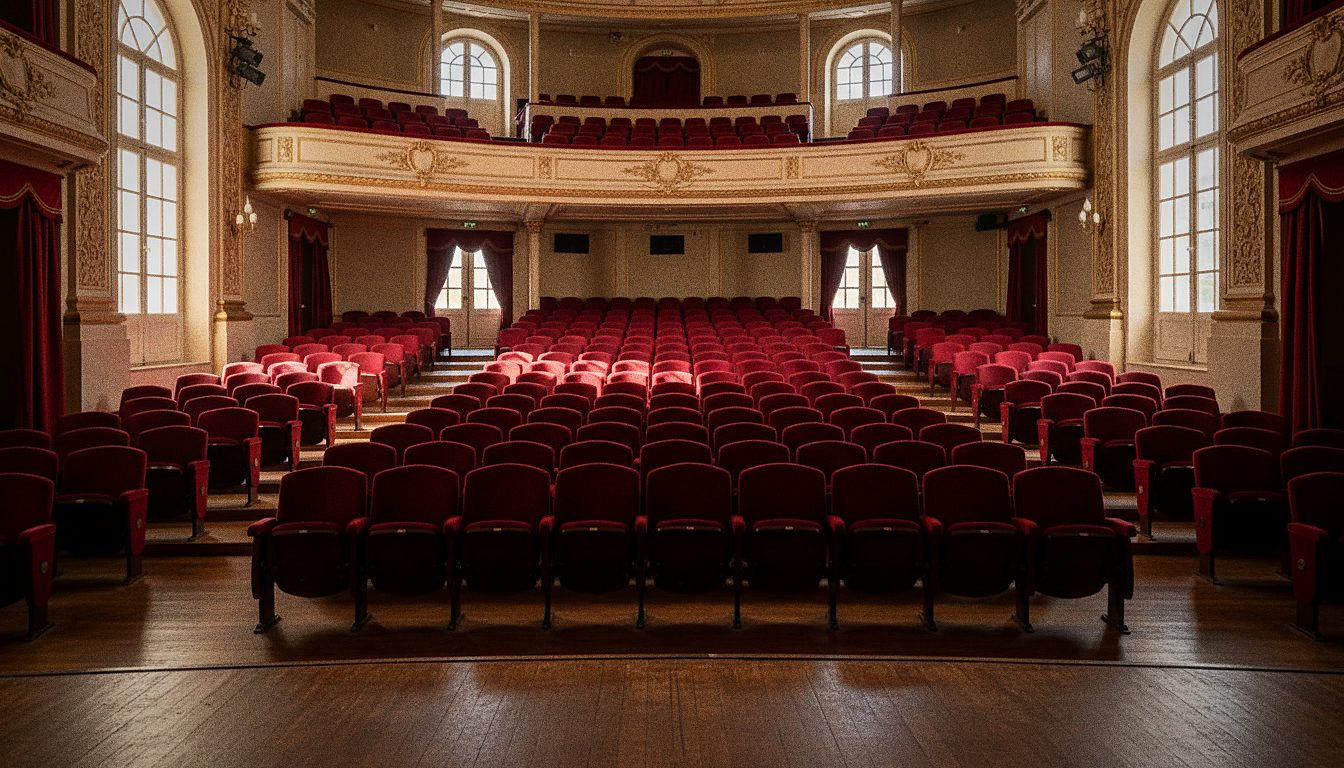 Une salle de théâtre vide vue depuis la scène, rangées de fauteuils rouges