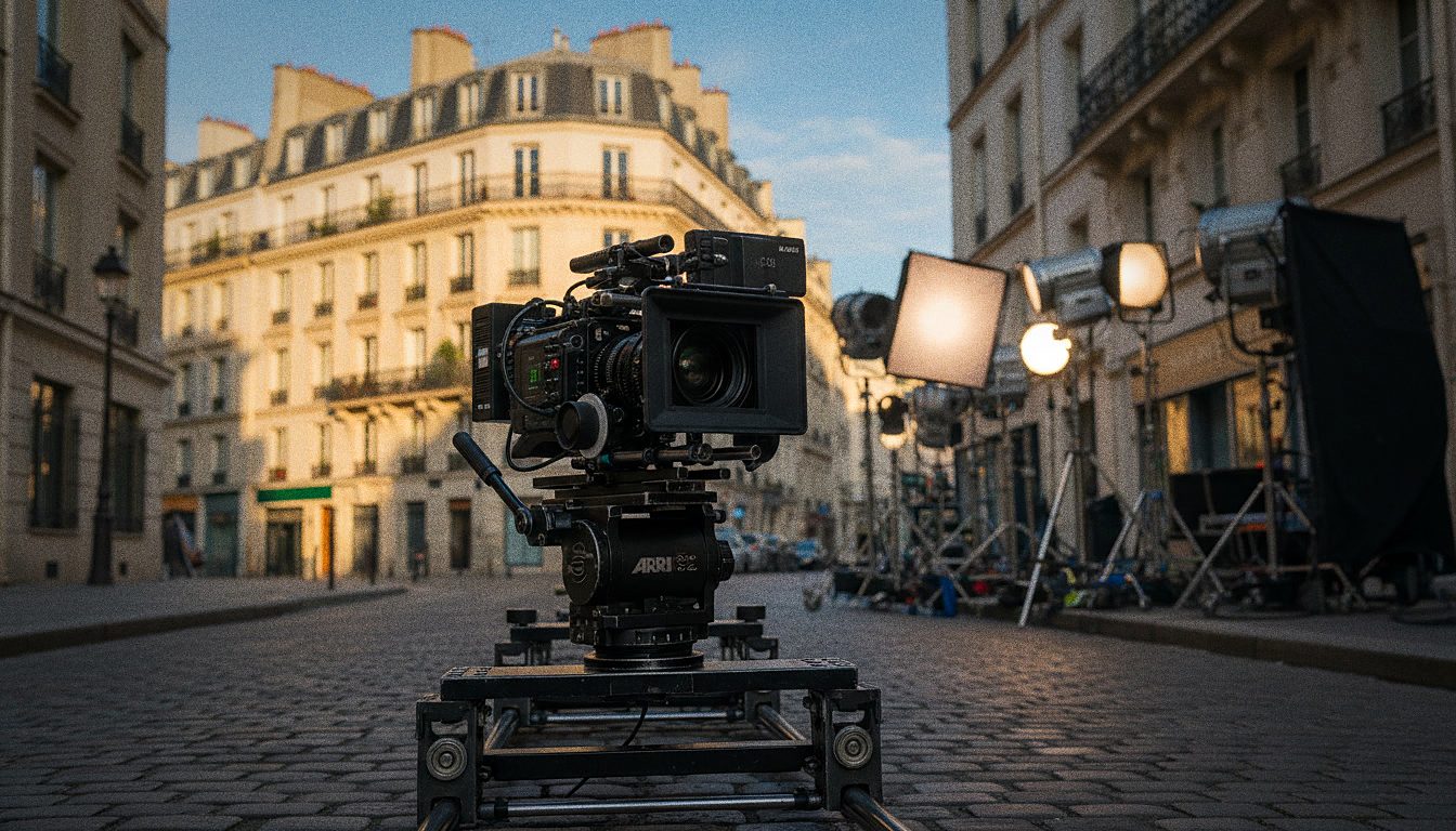 Une caméra de cinéma sur un plateau de tournage, projecteurs en arrière-plan