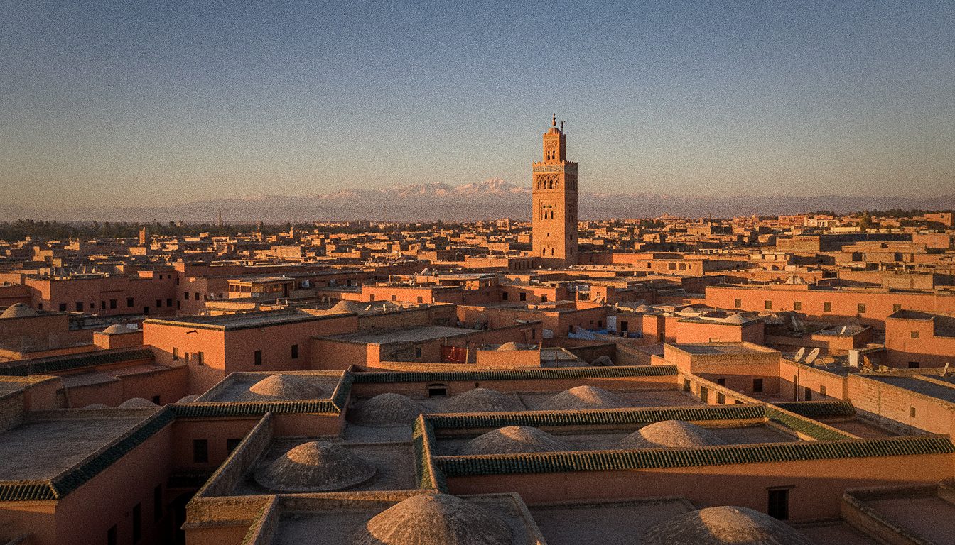 Les toits ocre de la médina de Marrakech avec la Koutoubia et l'Atlas enneigé au loin