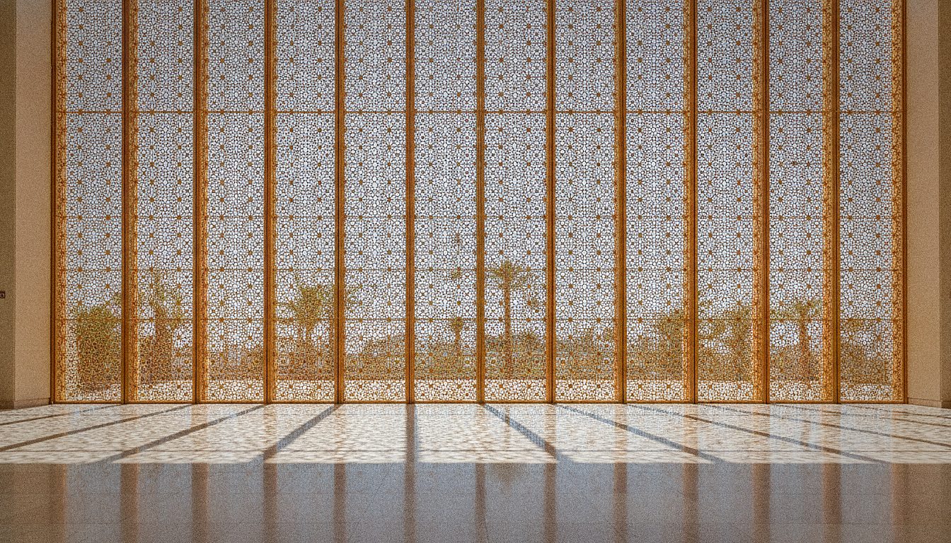 Le hall des arrivées de l'aéroport de Marrakech-Ménara avec ses moucharabiehs en métal ajouré