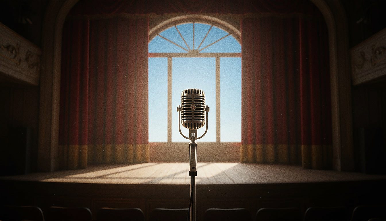 Un microphone vintage sur pied devant une scène faiblement éclairée