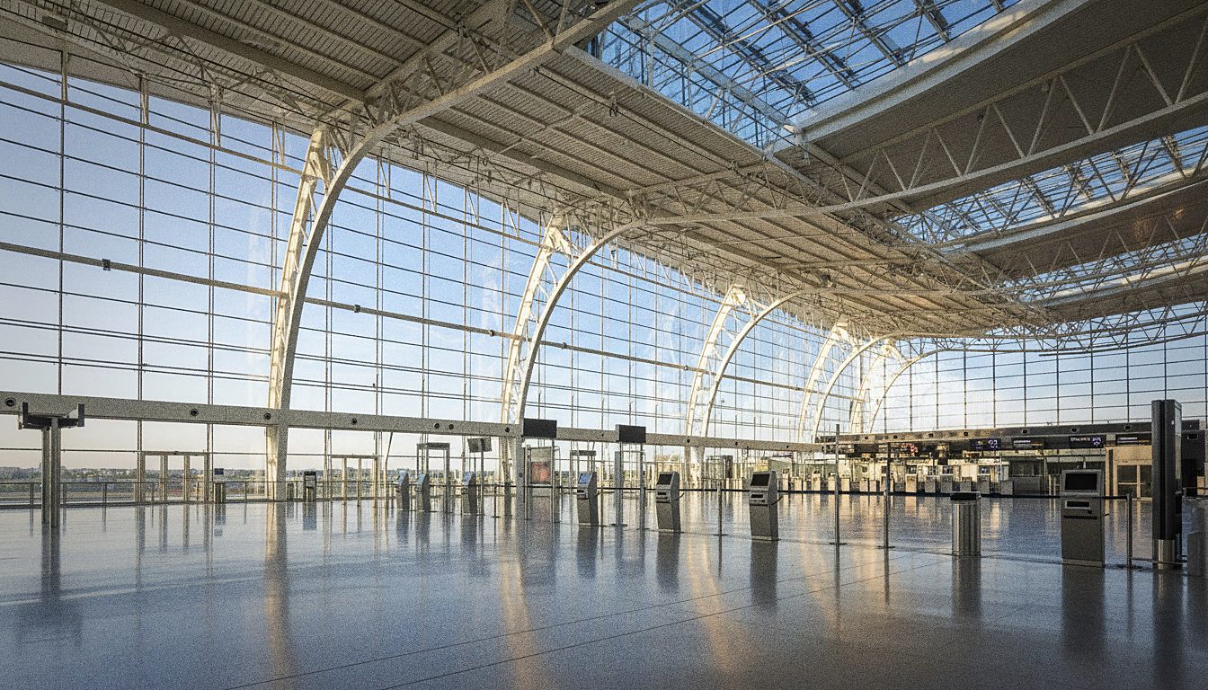 Un terminal d'aéroport moderne avec de grandes verrières et des voyageurs