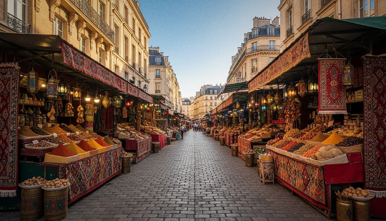 Une rue animée d'un marché marocain avec des étals colorés
