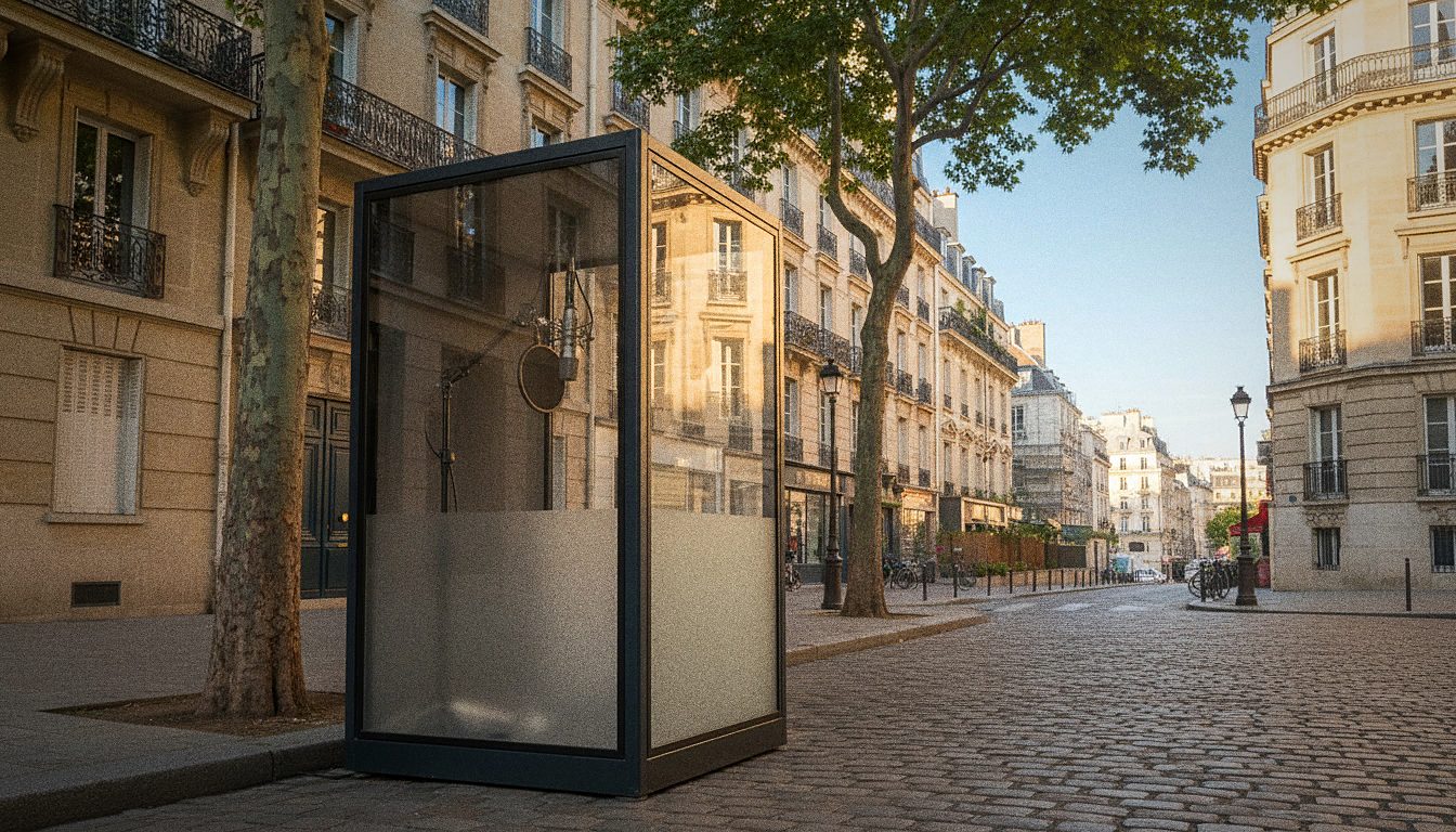 Une cabine d'enregistrement insonorisée avec un micro suspendu
