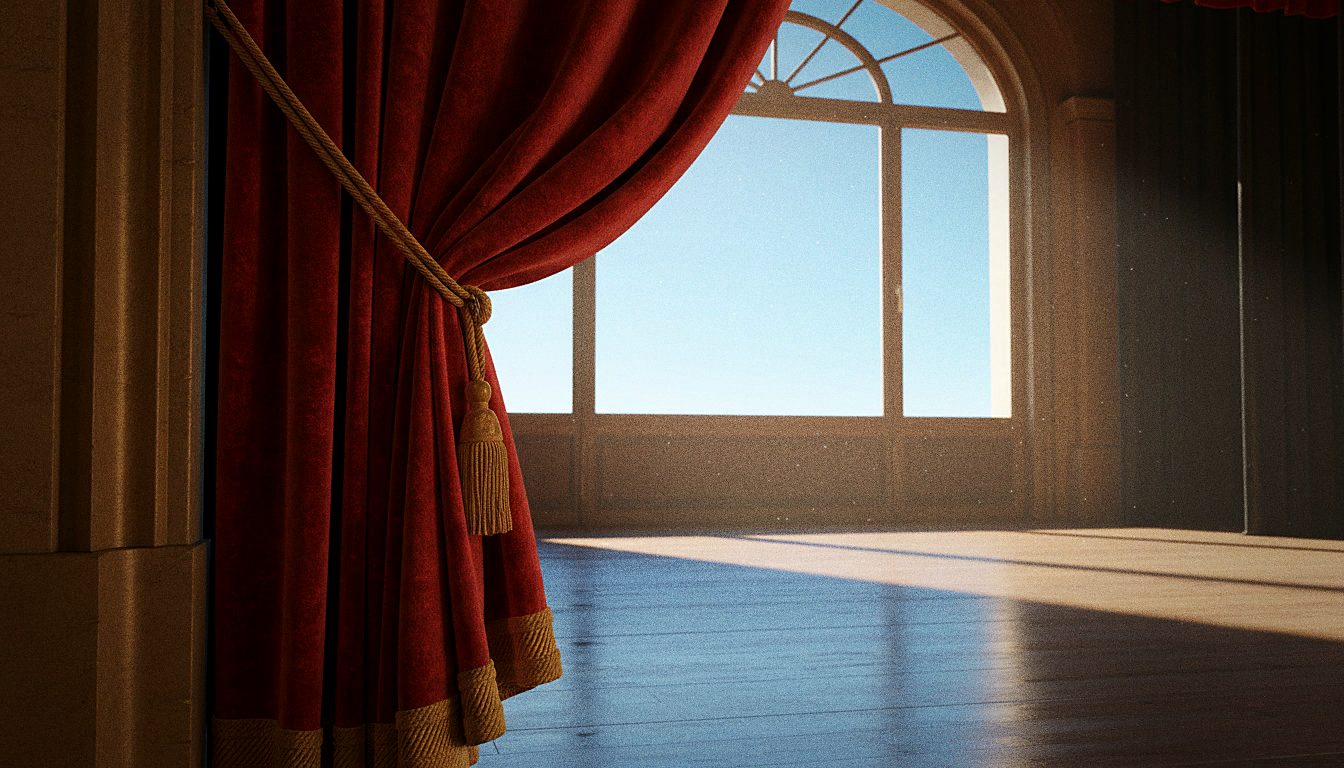 A heavy red theatre curtain half-open before a performance, warm stage light