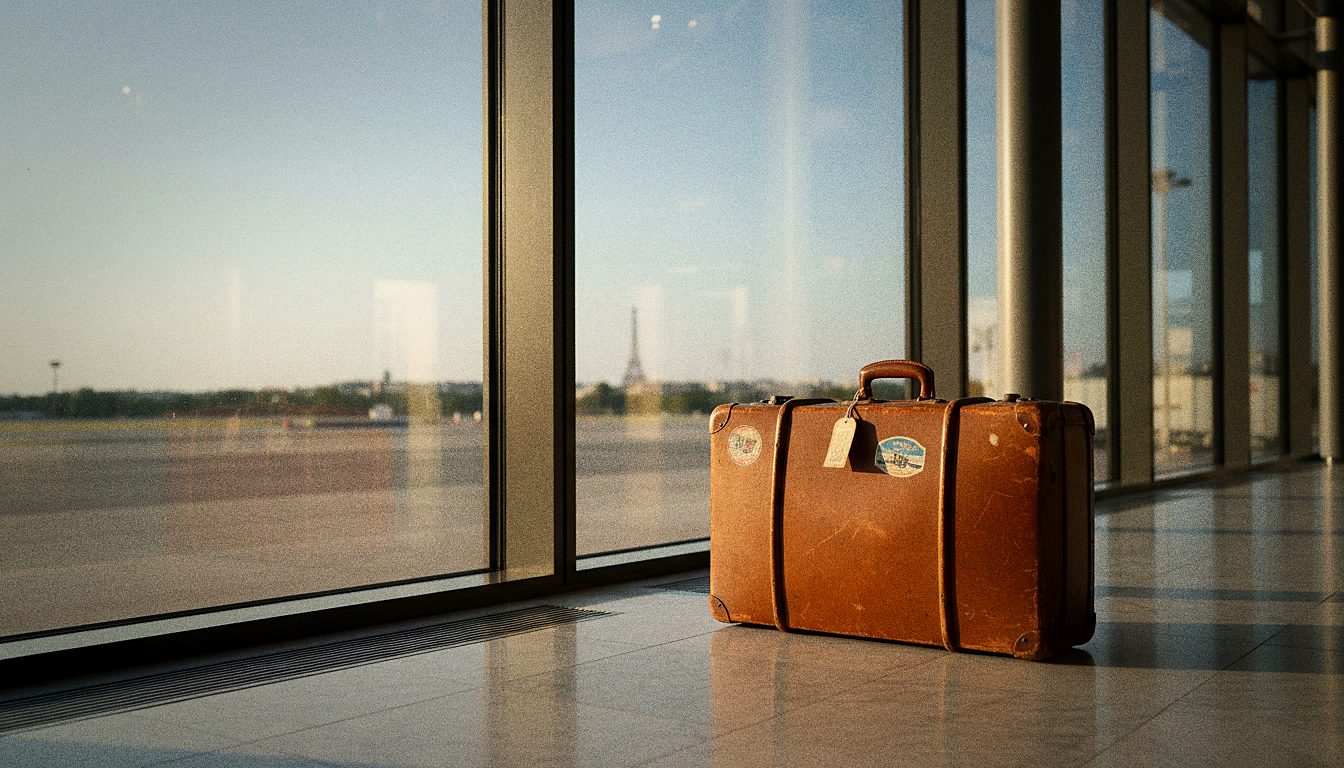 Une valise posée près d'une grande baie vitrée d'aéroport au lever du jour