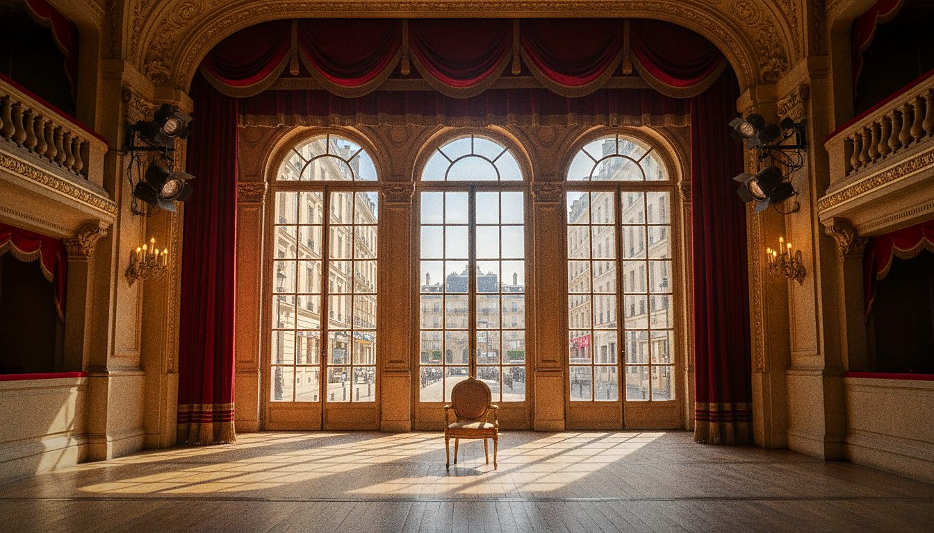 Une scène de théâtre vide éclairée par des projecteurs chauds avant une représentation