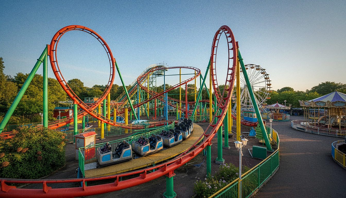 Une montagne russe colorée dans un parc d'attractions