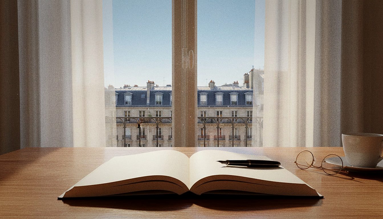 Un carnet ouvert et un stylo posés sur un bureau en bois, lumière tamisée